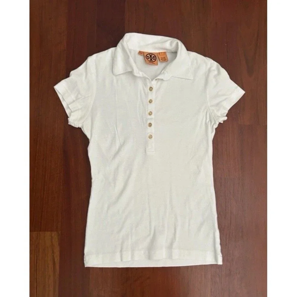 Tory Burch Small Fitted Polo Top White Short Sleeve Collar Shirt Gold Buttons